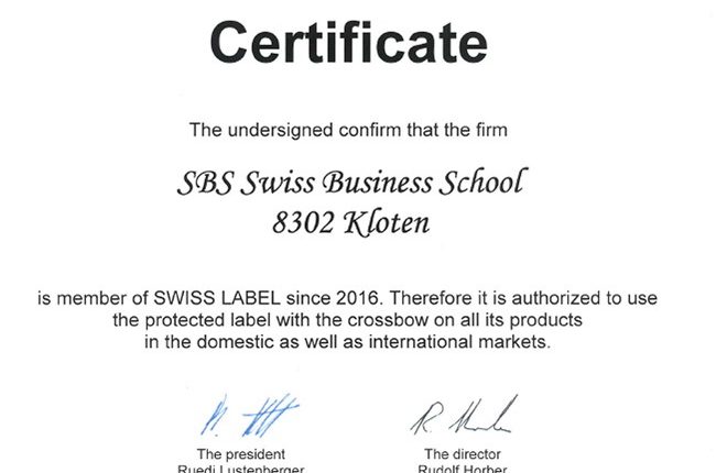 SBS Swiss Business School is a certified member of Swiss Label