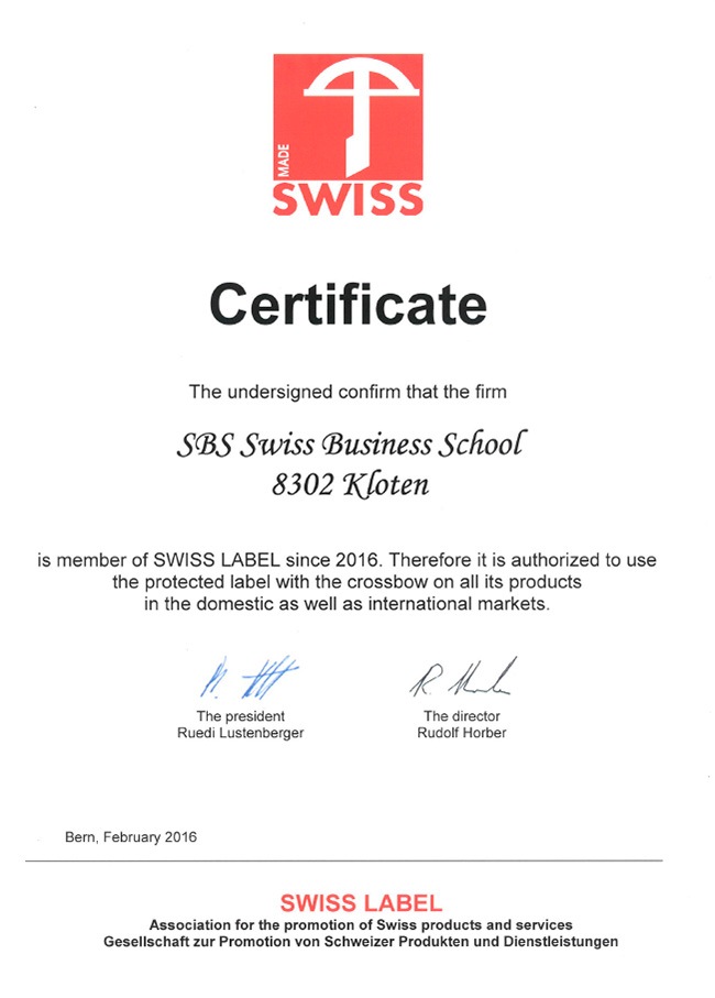SBS Swiss Business School is a certified member of Swiss Label